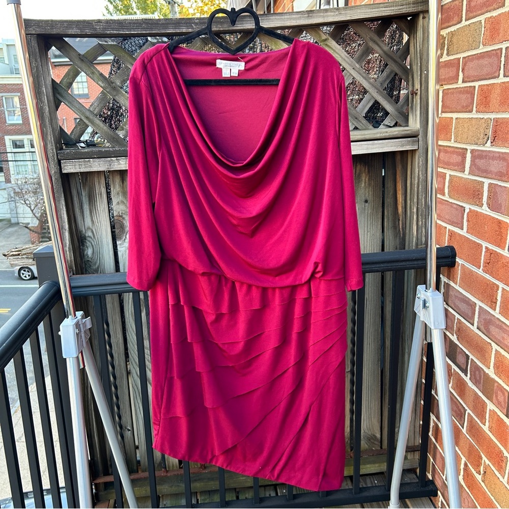 London Times Berry Cowl Neck Shutter Pleat Plus Dress 16W NWOT